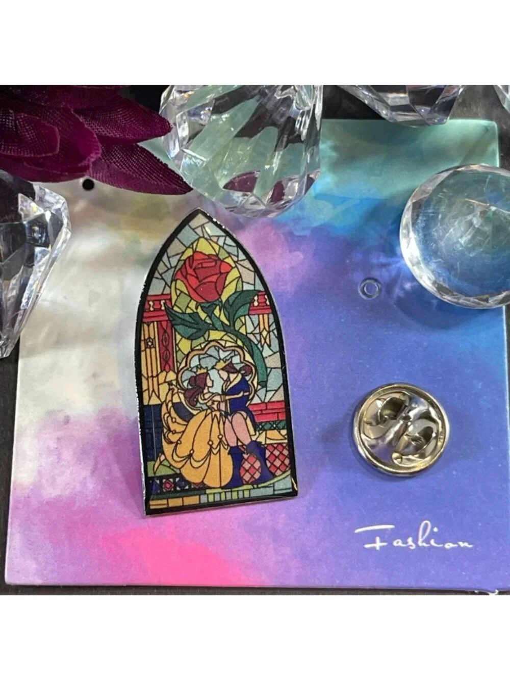 Beauty Beast Lapel Pin Stained Glass Window Rose Belle Princess Badge Brooch Pin